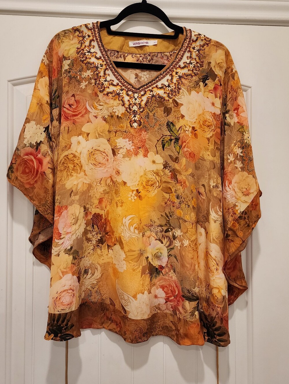 Kashka Sm Medium Flowy Boho Yelloe Orange Top Flowy Beaded Viscose